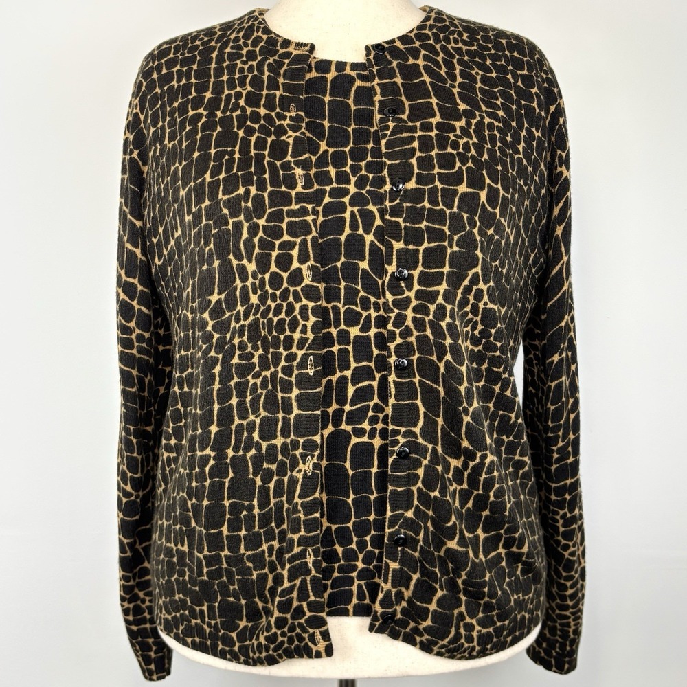 Vintage Sag Harbor Cardigan + Shirt Women L Brown Tan Knit Button Front Giraffe